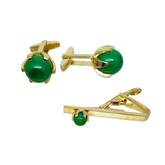 Retro Green Glass Ball Cufflinks Tie Bar Clasp Sarah Coventry Gold Tone Clip - Picture 4 of 9